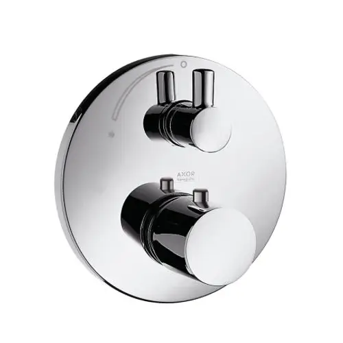 Thermostat mit zwei Steuerknöpfen in Chromausführung, montiert auf einer runden Wandplatte. Marke: AXOR.